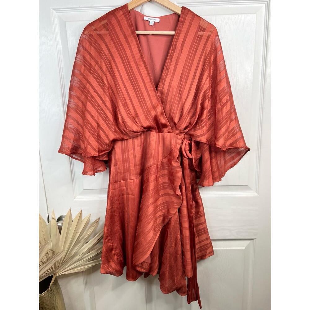 BTFL-life Vonda Stripe Dress Size S Rust Terracotta Belted Ruffle V Neck
